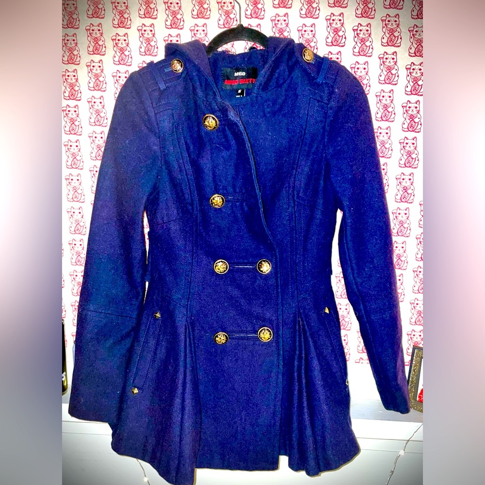 vintage AF navy blue miss sixty wool pea coat, sz small, pleated skirt bottom
